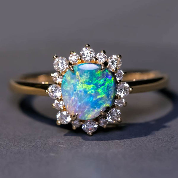 Bright Boulder Opal Halo Diamond Engagement Ring