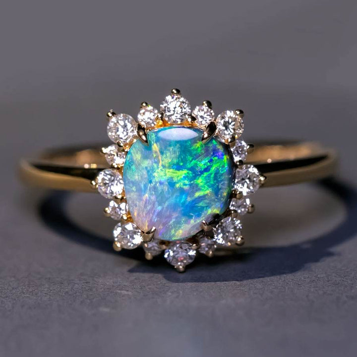 Bright Boulder Opal Halo Diamond Engagement Ring