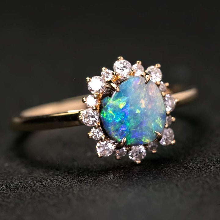 Bright Boulder Opal Halo Diamond Engagement Ring