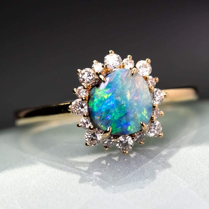 Bright Boulder Opal Halo Diamond Engagement Ring