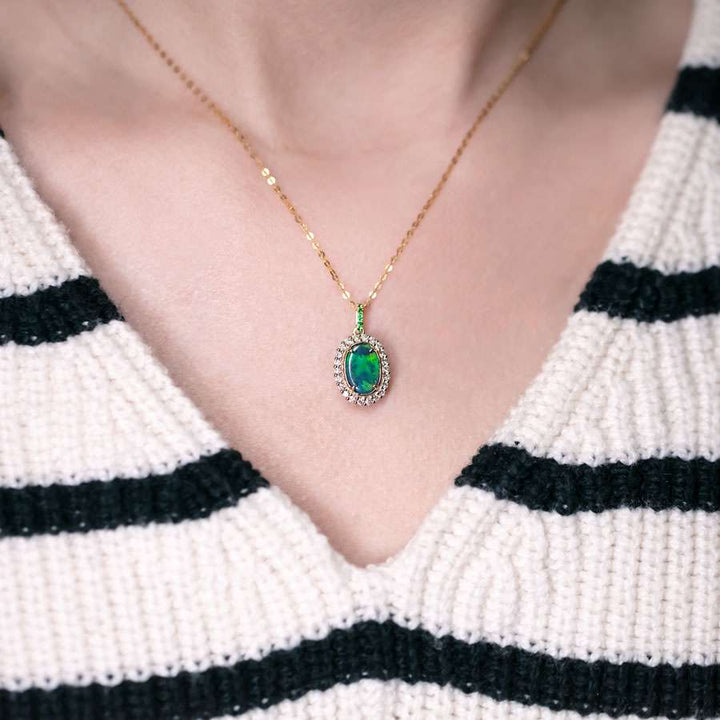 Bright Green Halo Diamond Tsavorite Black Opal Necklace