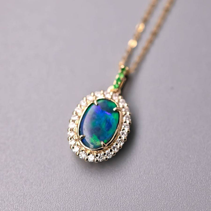 Bright Green Halo Diamond Tsavorite Black Opal Necklace