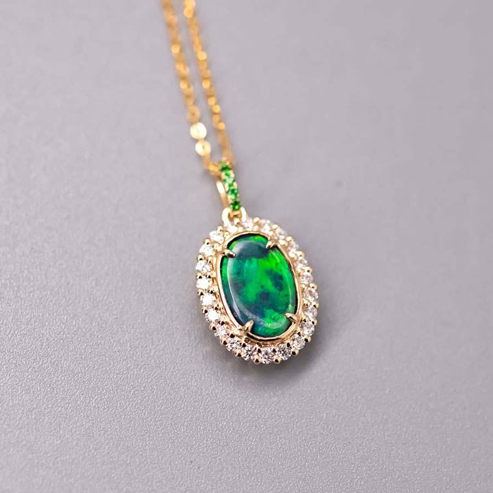 Bright Green Halo Diamond Tsavorite Black Opal Necklace