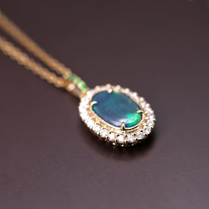 Bright Green Halo Diamond Tsavorite Black Opal Necklace