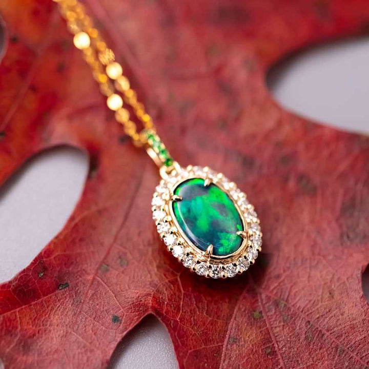 Bright Green Halo Diamond Tsavorite Black Opal Necklace
