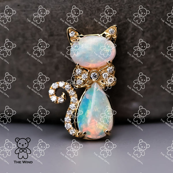 Cat Australian Solid Opal & Diamond Pendant Necklace-1