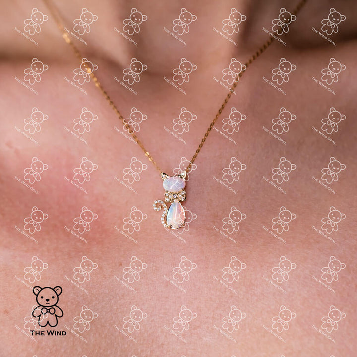 Cat Australian Solid Opal & Diamond Pendant Necklace-5