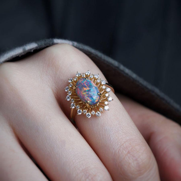 Certificated Black Opal Diamond Halo Engagement Ring