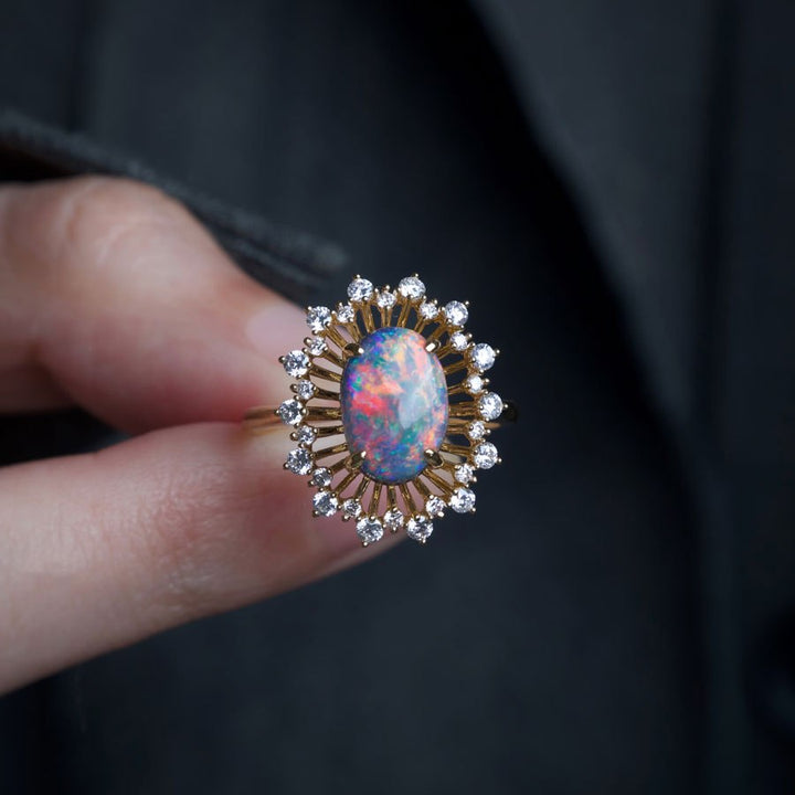 Certificated Black Opal Diamond Halo Engagement Ring