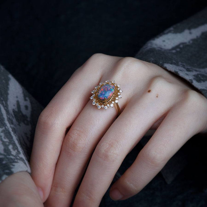 Certificated Black Opal Diamond Halo Engagement Ring