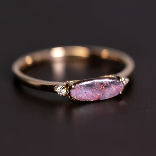 Classic Three Stones Boulder Opal Diamond Engagement Ring