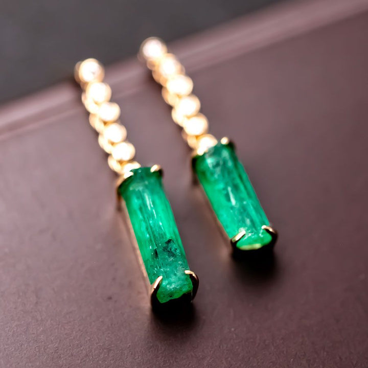 Colombian Raw Emerald Diamond Drop Earrings 1