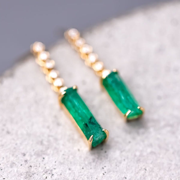 Colombian Raw Emerald Diamond Drop Earrings 