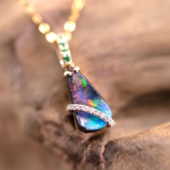 Colorful Boulder Opal & Diamond Tsavorite Necklace
