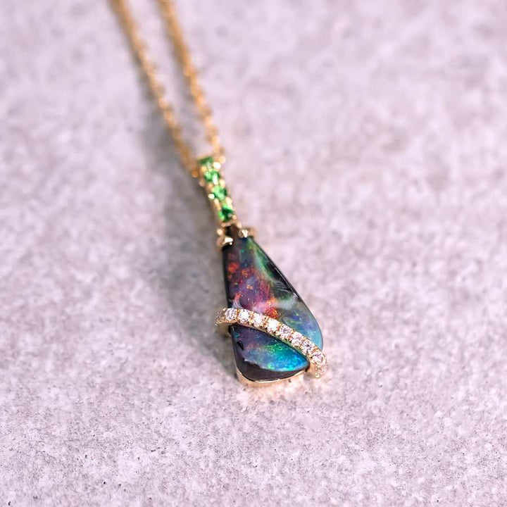 Colorful Boulder Opal & Diamond Tsavorite Necklace