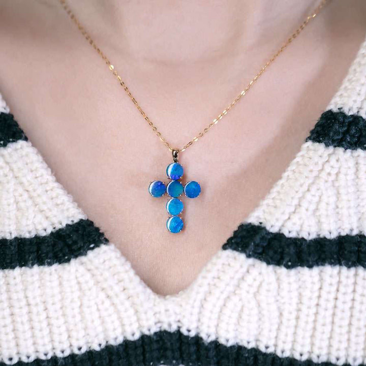 Cross Pendant Doublet Opal Necklace