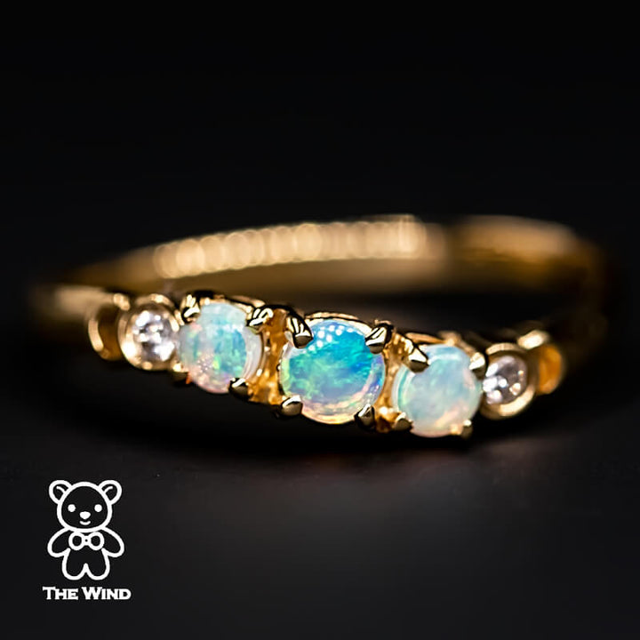 Curved Band Australian Solid Round Opal Diamond Band 14K Yellow Gold-2