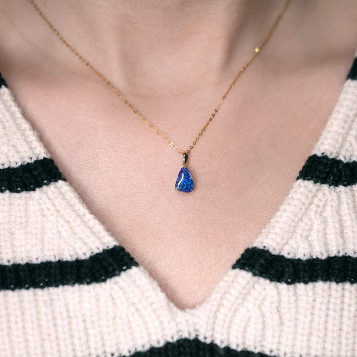 Deep Blue Australian Black Opal Pendant Necklace