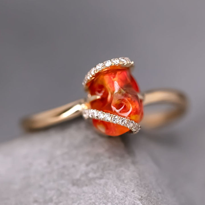 Deep Red Fire Opal Diamond Engagement Ring