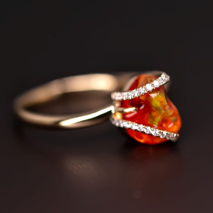 Deep Red Fire Opal Diamond Engagement Ring