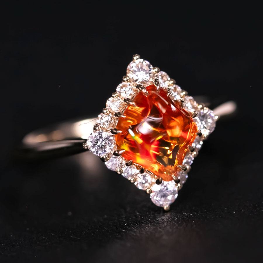 Diamond Shaped Fire Opal Diamond Engagement Ring 18K Yellow Gold – The Wind