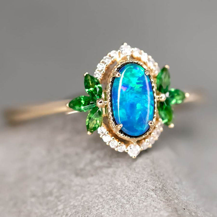 Doublet Opal Diamond Tsavorite Engagement Ring