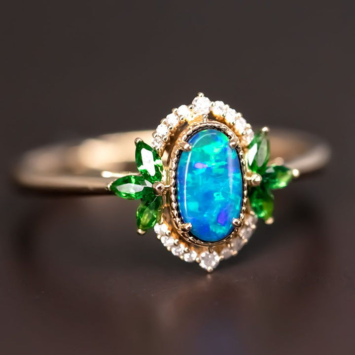 Doublet Opal Diamond Tsavorite Engagement Ring