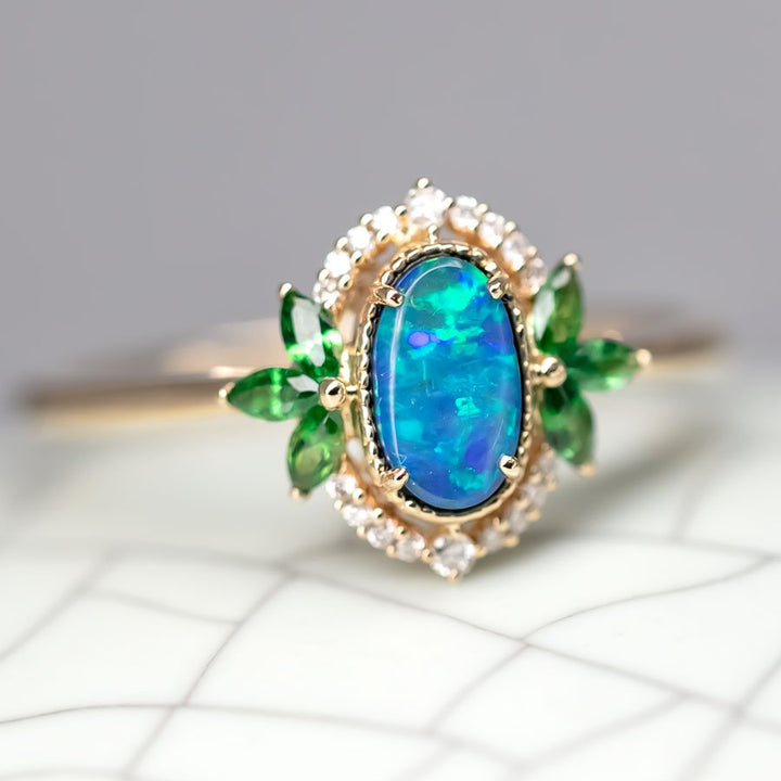 Doublet Opal Diamond Tsavorite Engagement Ring