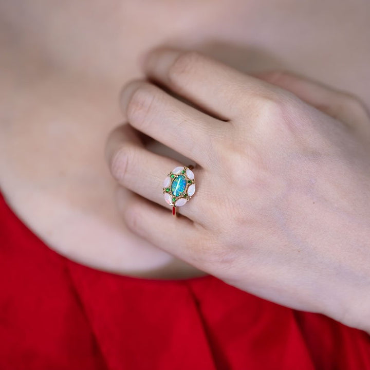Doublet Opal Marquise White Opal Tsavorite Ring