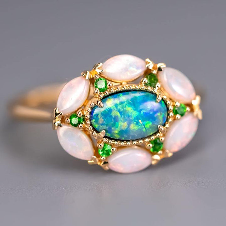 Doublet Opal Marquise White Opal Tsavorite Ring