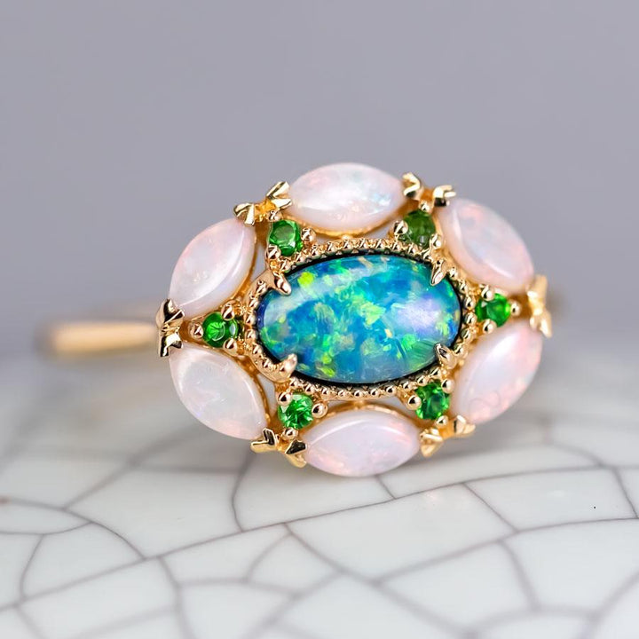 Doublet Opal Marquise White Opal Tsavorite Ring