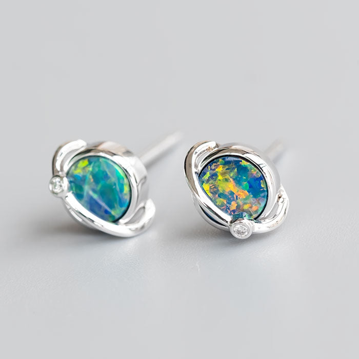 Earth Moon Design Australian Doublet Opal & Diamond Stud Earrings-1