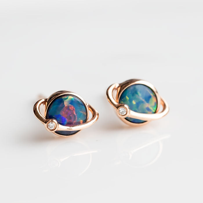 Earth Moon Design Australian Doublet Opal & Diamond Stud Earrings-3