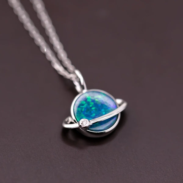 Earth Moon Design Doublet Opal & Diamond Necklace