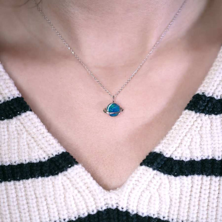 Earth Moon Design Doublet Opal & Diamond Necklace