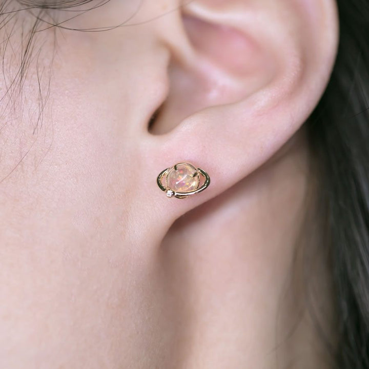 Earth Moon Design Fire Opal Diamond Stud Earrings