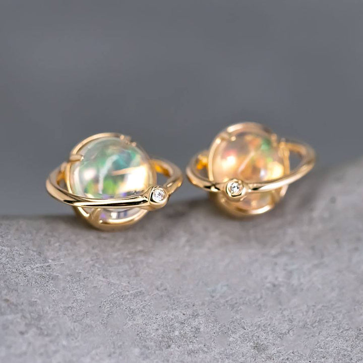 Earth Moon Design Fire Opal Diamond Stud Earrings