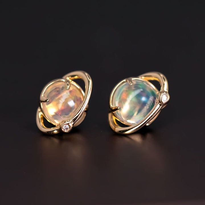 Earth Moon Design Fire Opal Diamond Stud Earrings