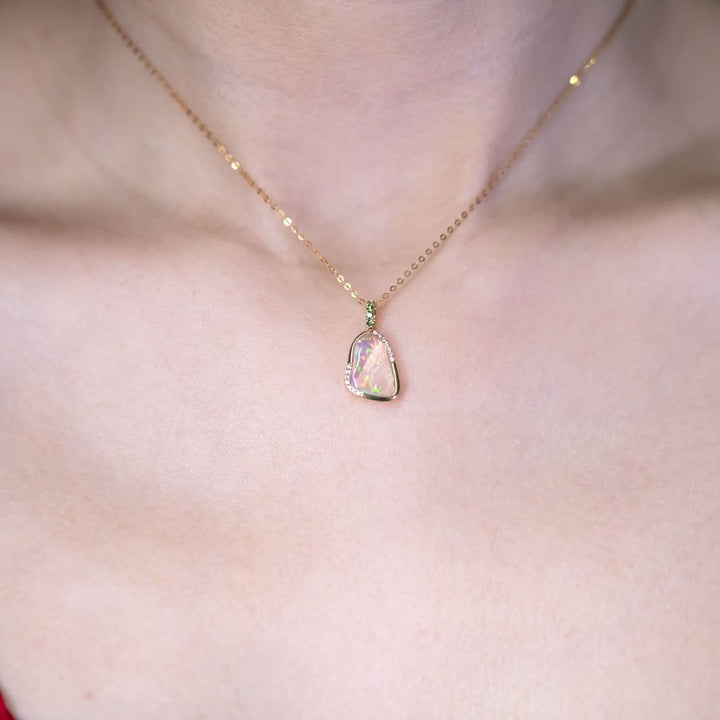 Elegant Fire Opal, Diamond Tsavorite Necklace