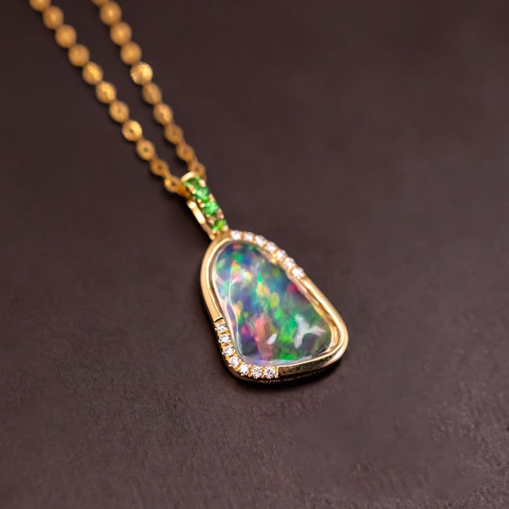 Elegant Fire Opal, Diamond Tsavorite Necklace