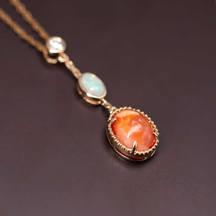 Elegant Fire Opal & Opal Diamond Necklace