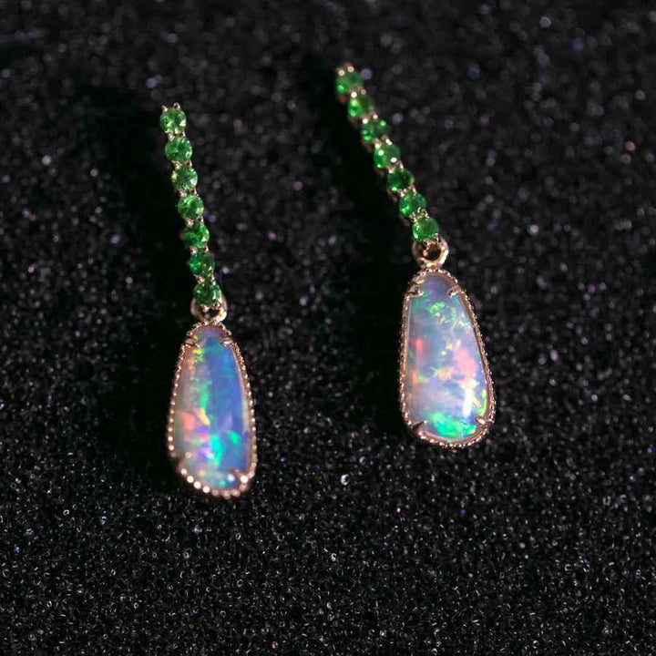 Elegant Opal Fossil Shell Tsavorite Drop Earrings