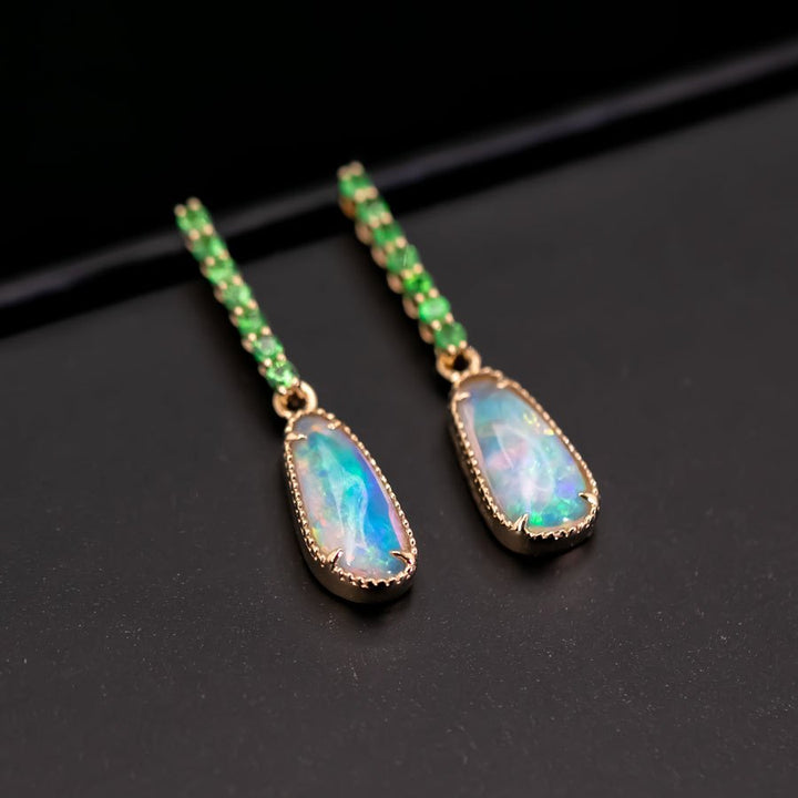 Elegant Opal Fossil Shell Tsavorite Drop Earrings