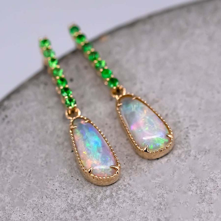 Elegant Opal Fossil Shell Tsavorite Drop Earrings
