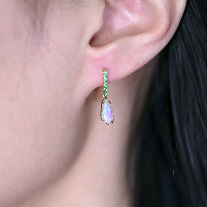 Elegant Opal Fossil Shell Tsavorite Drop Earrings