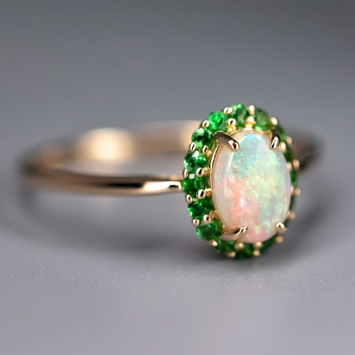 Engagement Ring featuring Australian Opal Halo Tsavorite