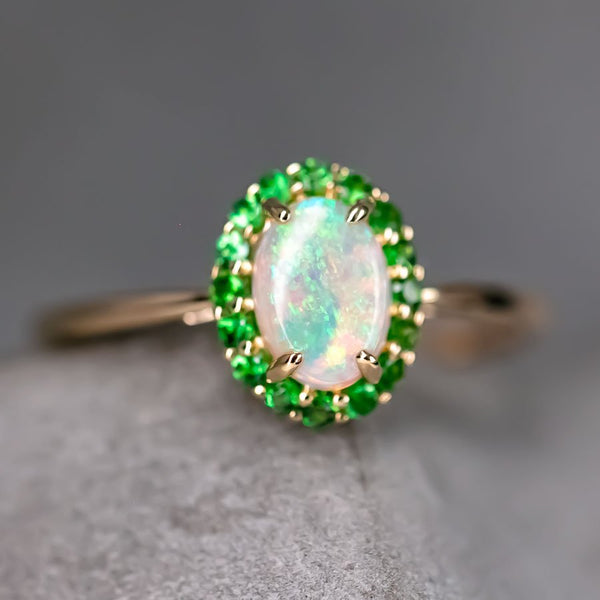 Engagement Ring featuring Australian Opal Halo Tsavorite