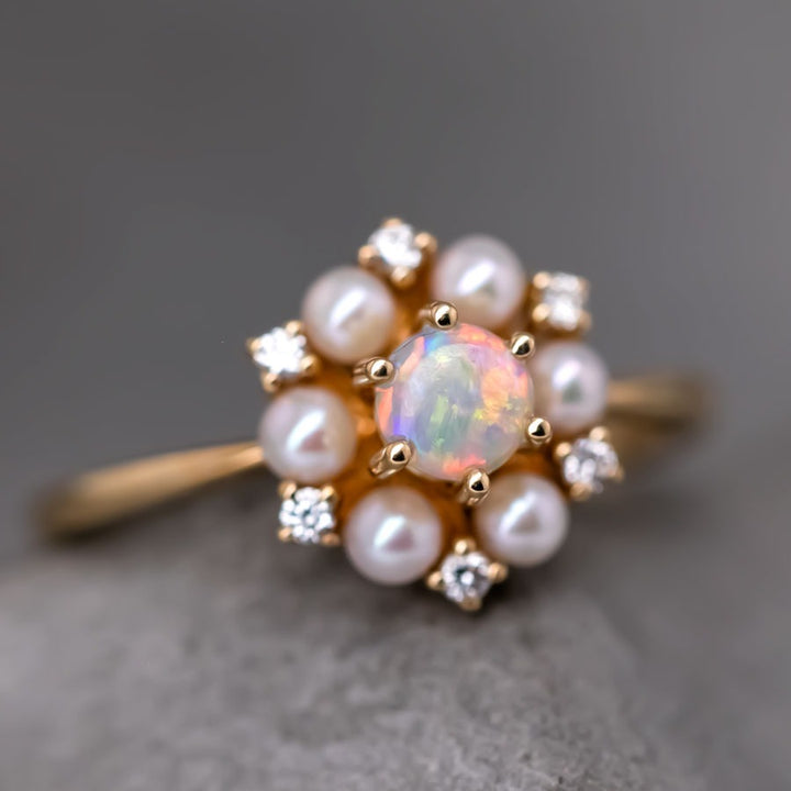18K Yellow Gold Engagement Ring with Opal, Pearls, Diamonds The Wind