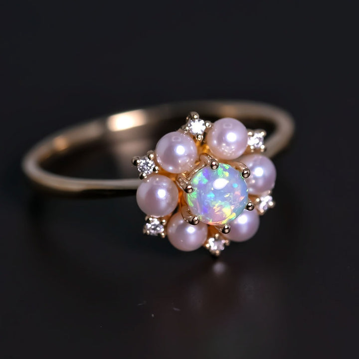 Engagement Ring with Opal Pearls Diamonds