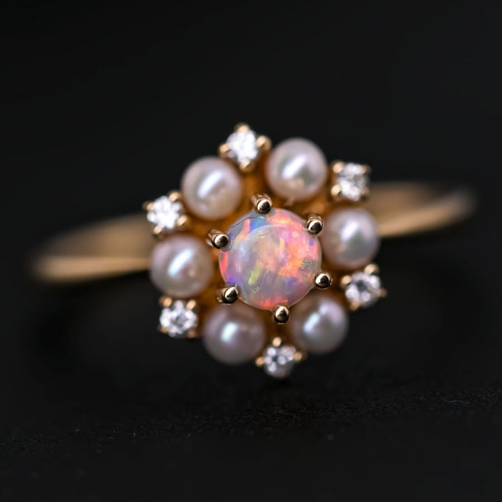 Engagement Ring with Opal Pearls Diamonds